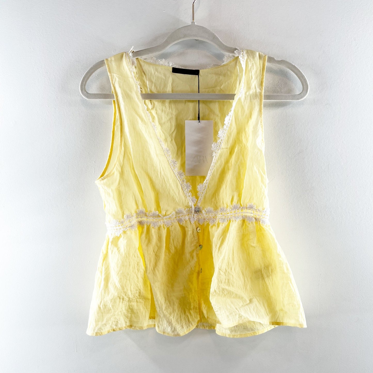 ZARA Plunge V Neck Sleeveless Peplum Tank Top Butter Yellow Small
