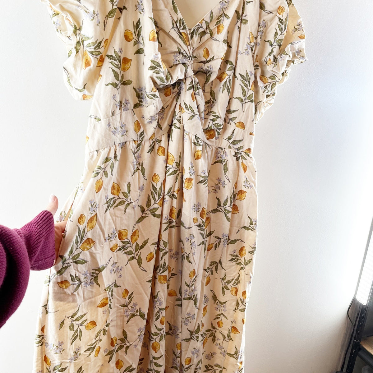 LEA Lemon Print Puff Sleeve Twist Front Smocked Maxi Dress Beige Yellow 2X