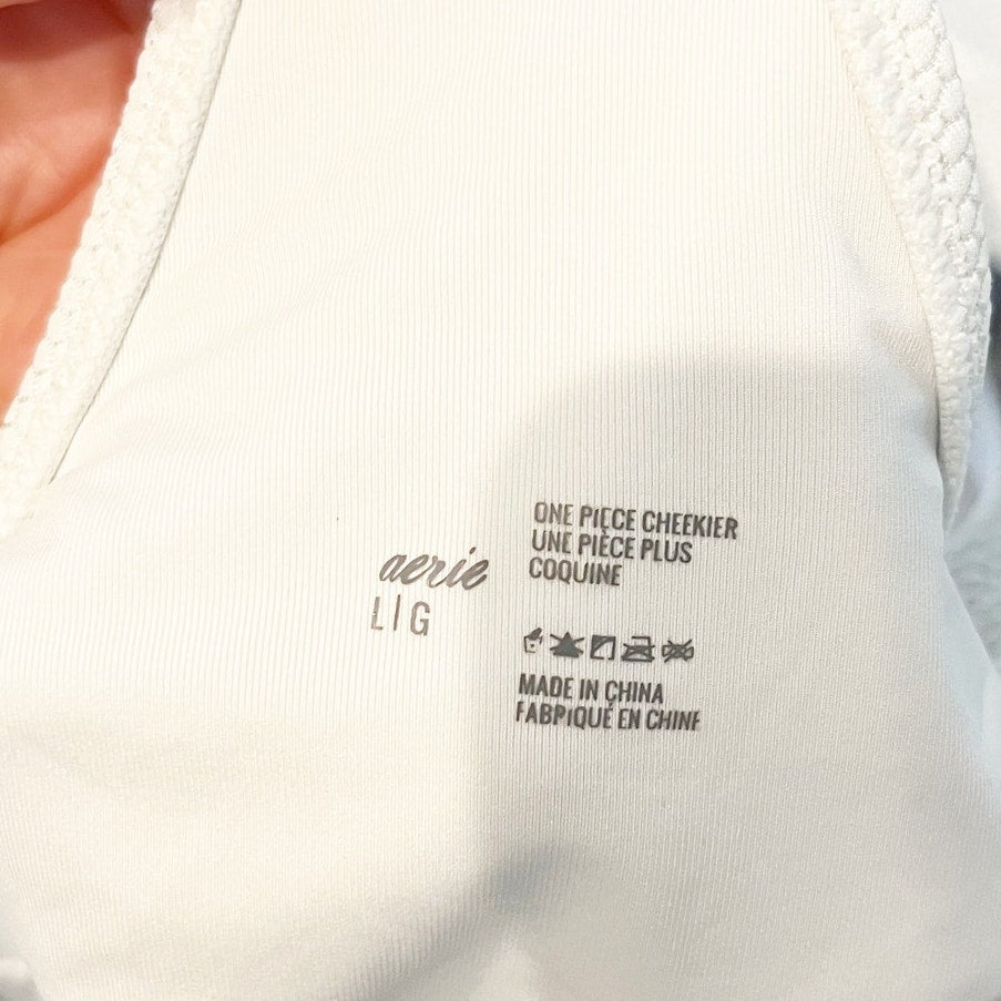 Aerie Cheekier Racerback Textured One Piece Swimsuit White Large