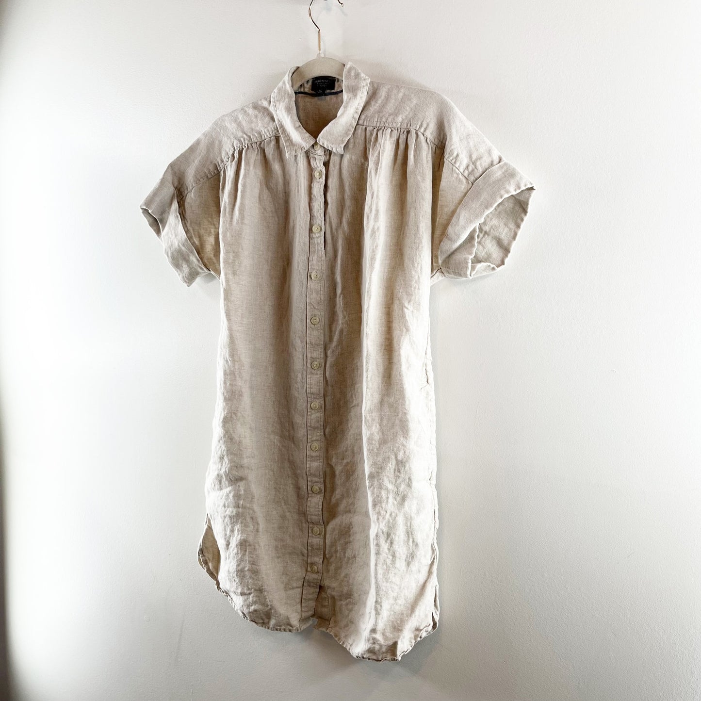 Baird McNutt Irish Linen for J. Crew Relaxed Cuffed Sleeve Shirt Dress Beige M