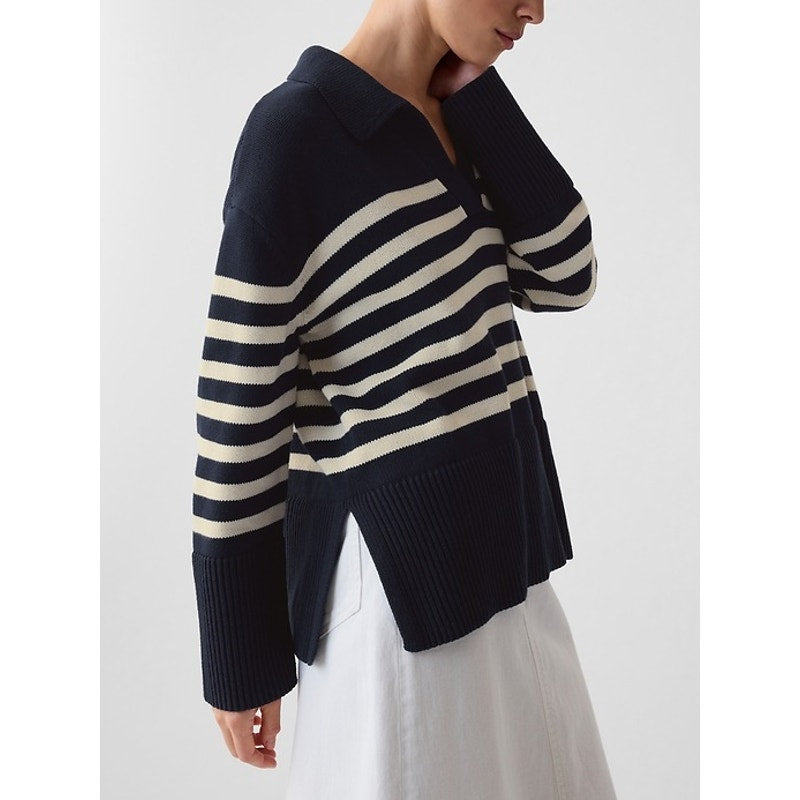 GAP 24/7 Split Hem Striped Long Sleeve Polo Sweater Navy Blue Medium