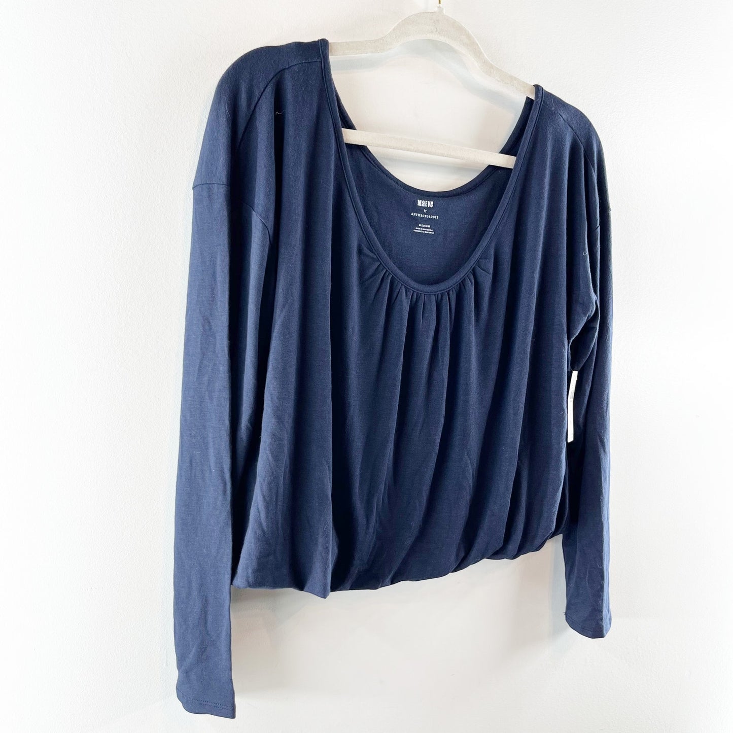 Maeve Anthropologie Long Sleeve Bubble Hem Cropped Tee Shirt Top Navy Blue M
