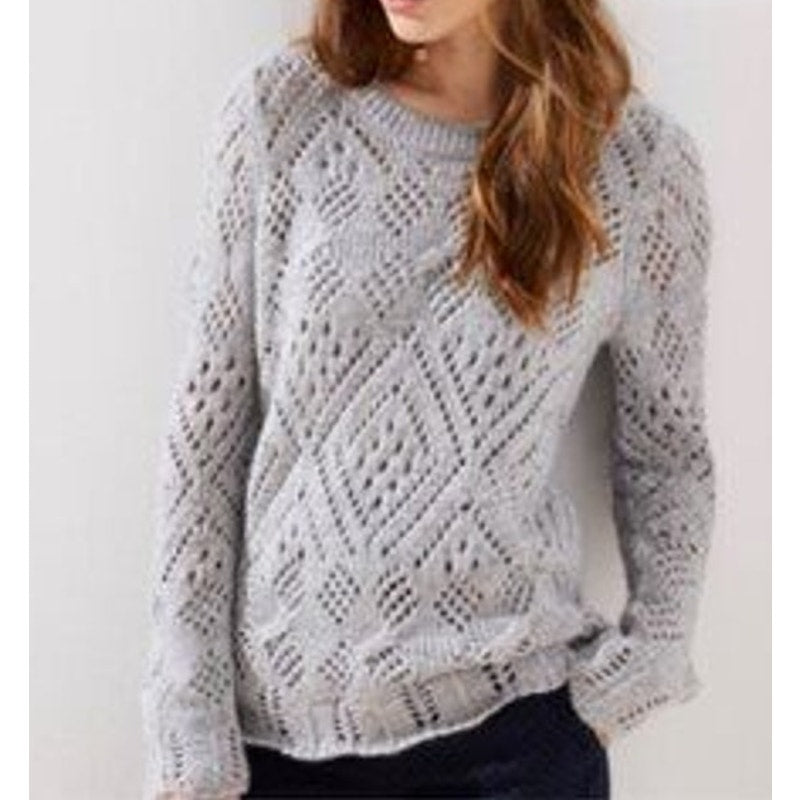 LOFT Pointelle Knit Long Sleeve Crewneck Sweater Gray Large