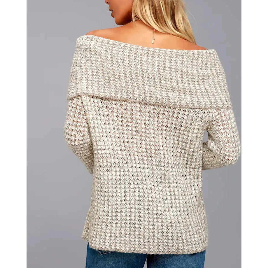 BB Dakota Tegan Long Sleeve Off-the-Shoulder Knit Sweater Beige Cream XS