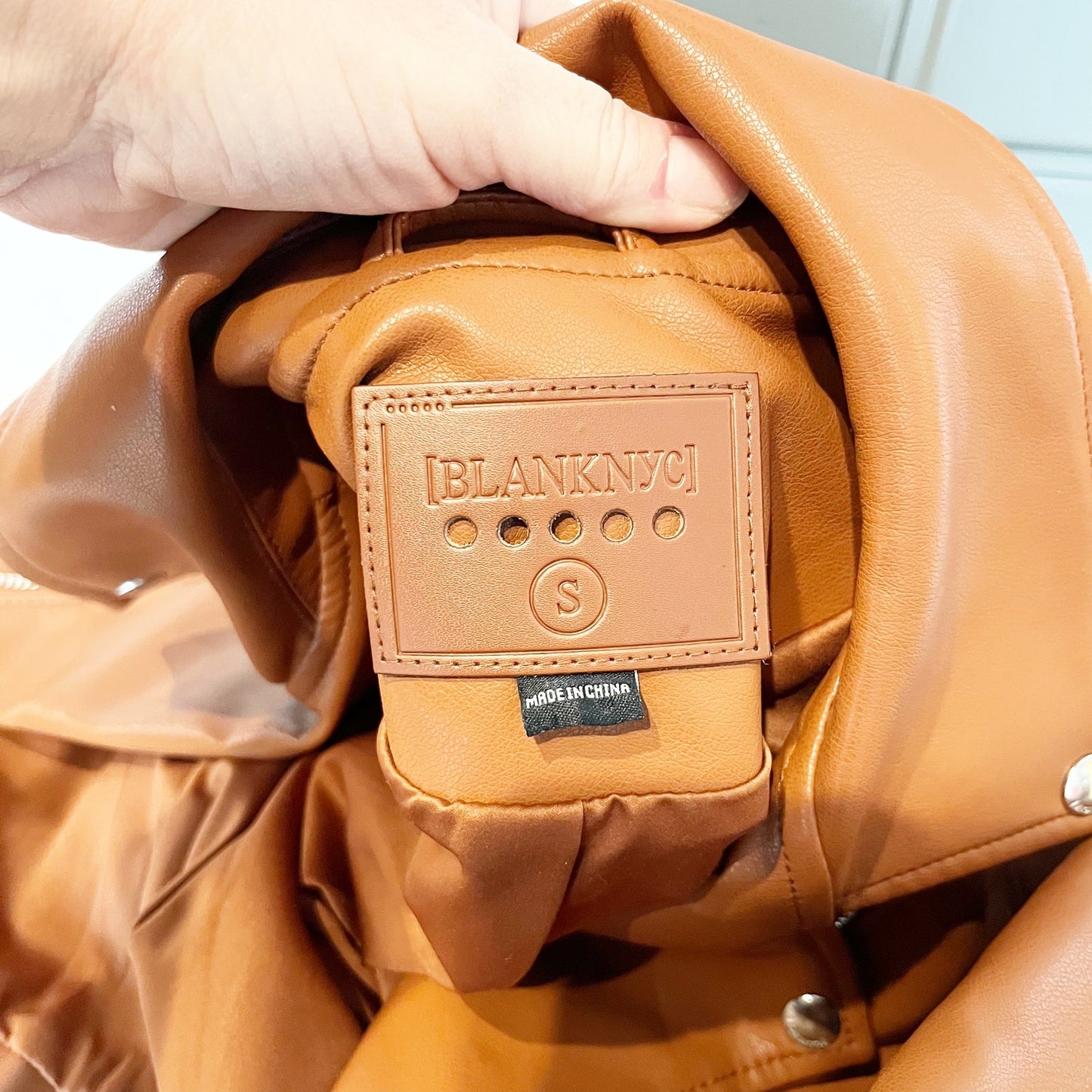 Blank NYC Good Vibes Faux Leather Moto Jacket Brown Small