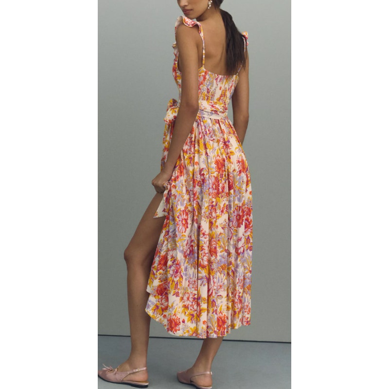 BHLDN Anthropologie Sadie V-Neck Fit & Flare Linen Floral Midi Dress Pink Medium