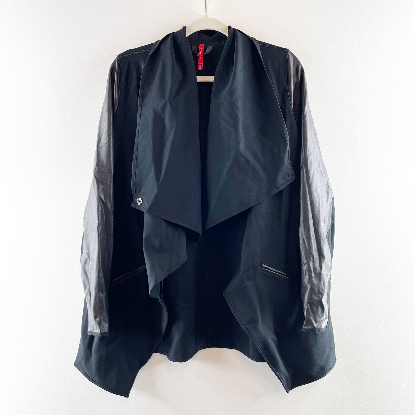 Spanx Long Sleeve Faux Leather Drape Front Blazer Jacket Black Medium