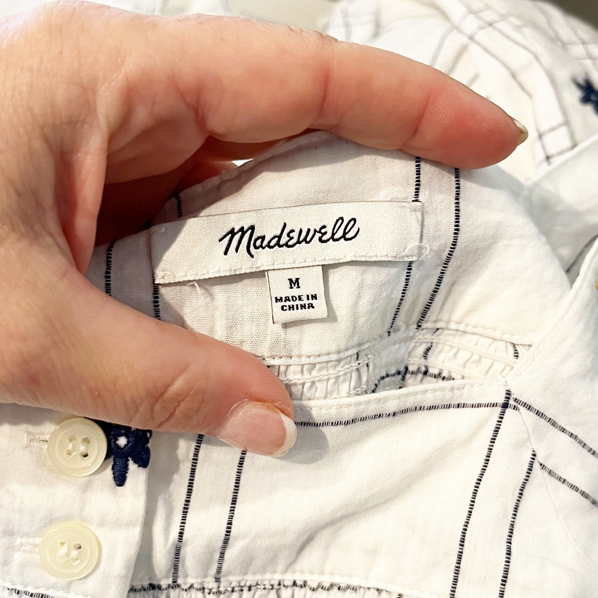 Madewell Embroidered Windowpane Square-Neck Button-Down Top Shirt White Wash M