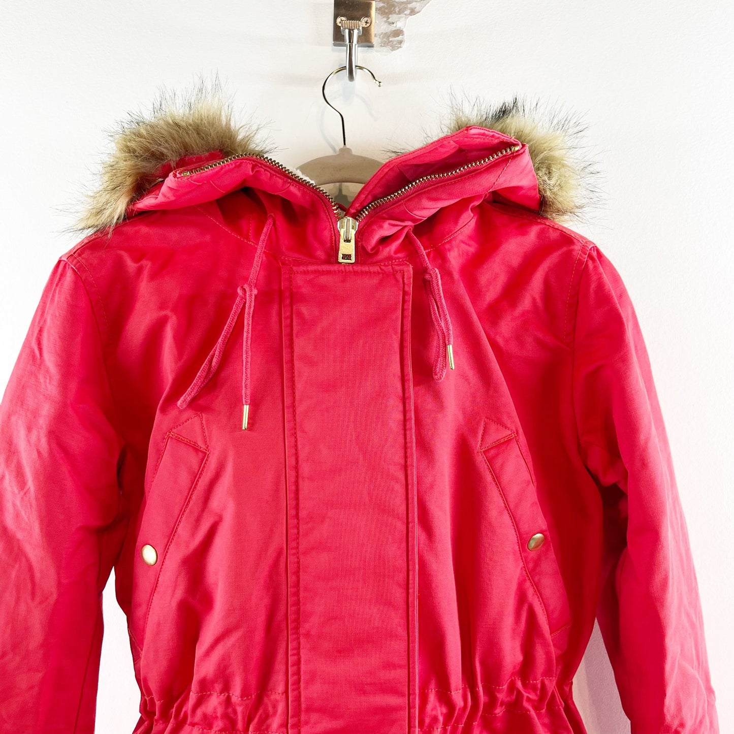 J. Crew Perfect Winter Parka Coat Jacket Faux Fur Trim Hood Red XXS