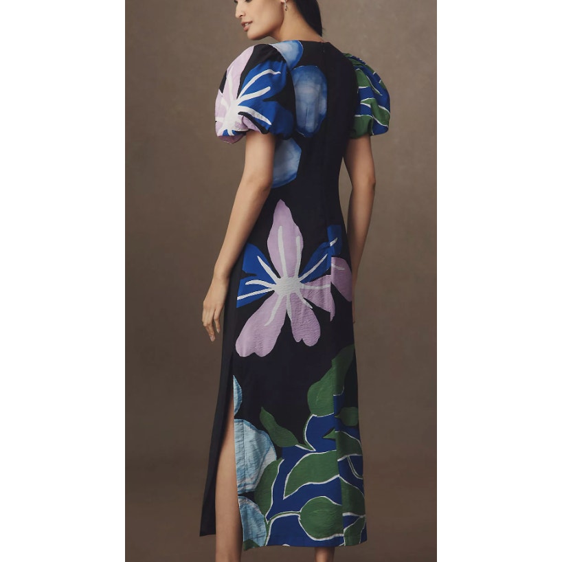 Anthropologie Puff Sleeve Floral A Line Maxi Dress Black Medium
