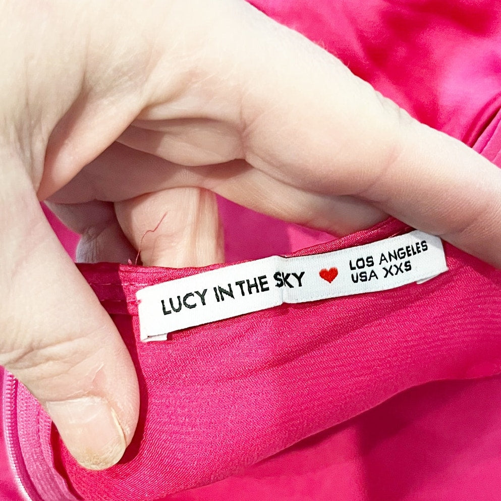 Lucy In The Sky Plunge Tie Back Ruffle Slit Satin Maxi Dress Gown Pink XXS