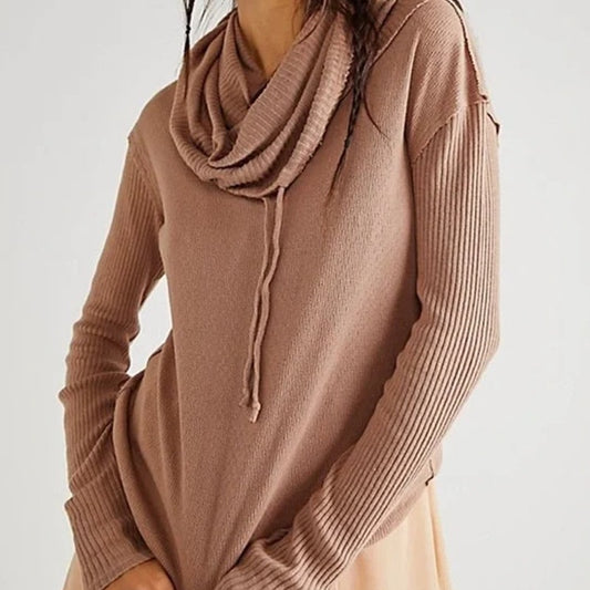 Free People Care FP Hot Peppers Textured Long Sleeve Cowl Neck Hoodie Tan XS