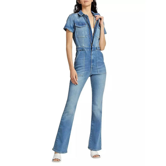 Good American Fit For Success Short Sleeve Bootcut Denim Jumpsuit Blue L