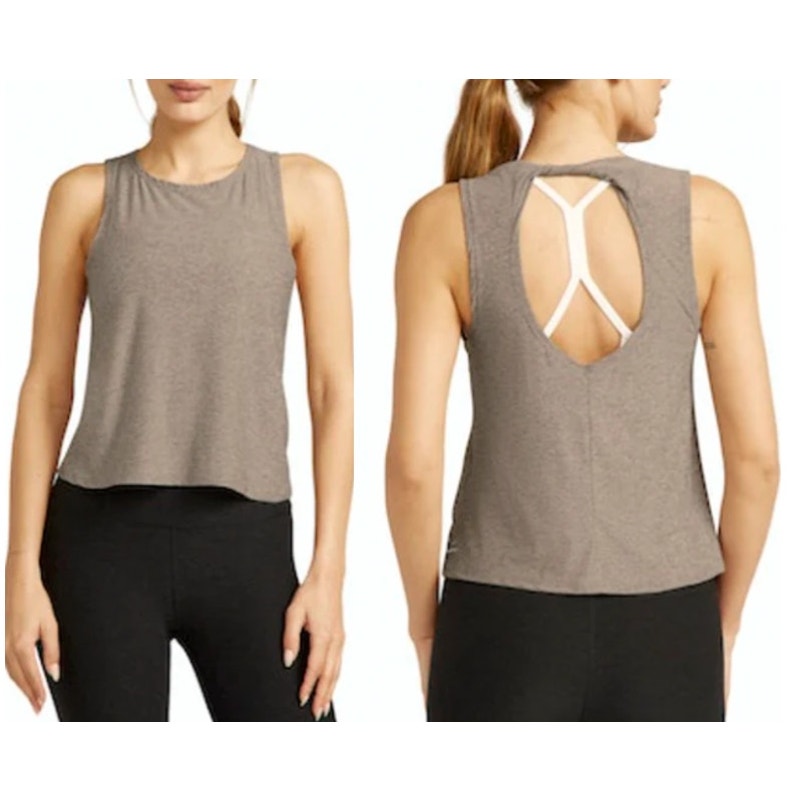 Beyond Yoga Featherweight Twist Cutout Back Aquarius Tank Top Birch Heather XS