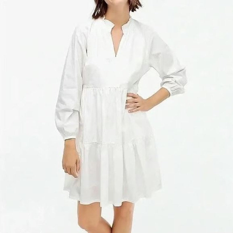 J. Crew 100% Cotton Poplin Tiered Peasant A-Line Boho Mini Dress White Medium