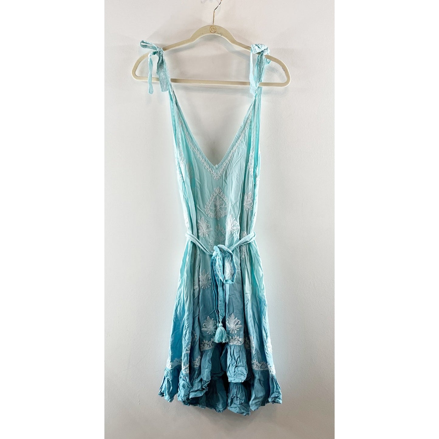 Pranella Embroidered Tie Shoulder V-Neck Ruffle Mini Sundress Ombre Blue 2