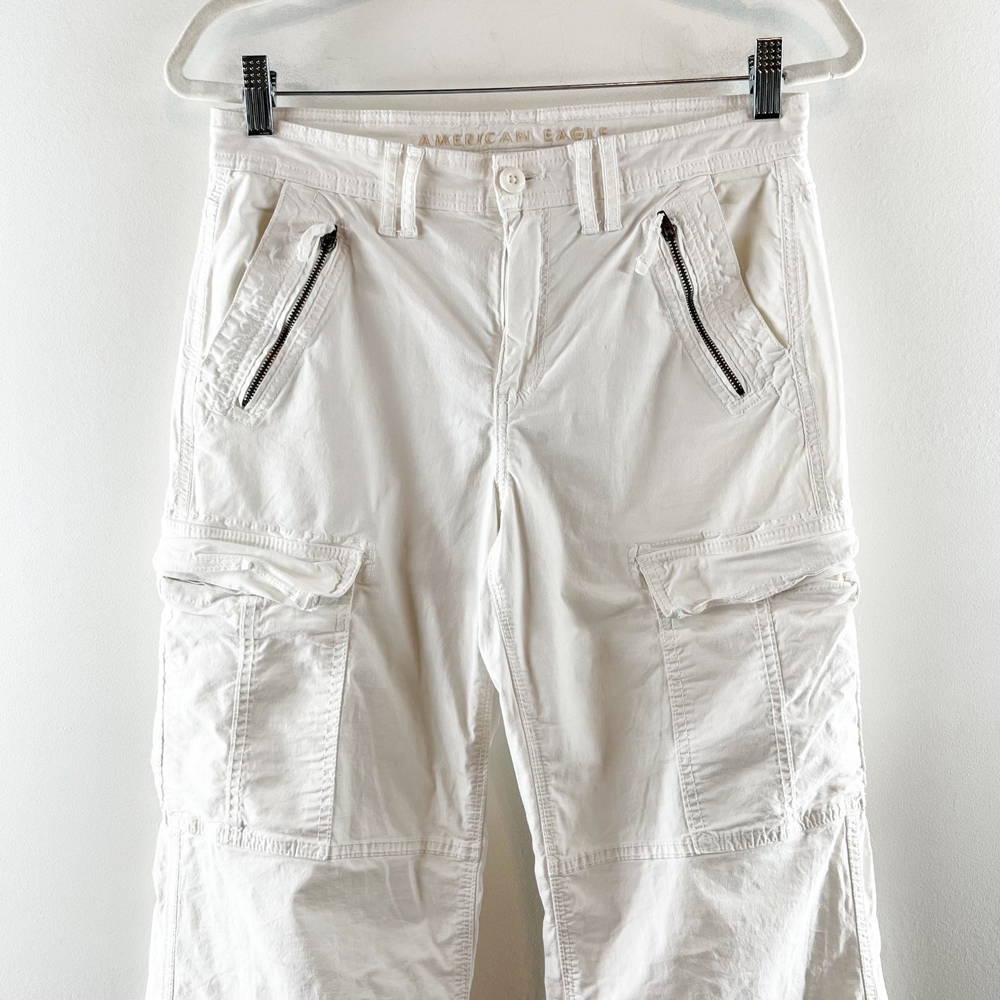 American Eagle Low Rise Cargo Baggy Wide Leg Flare Pants White 4