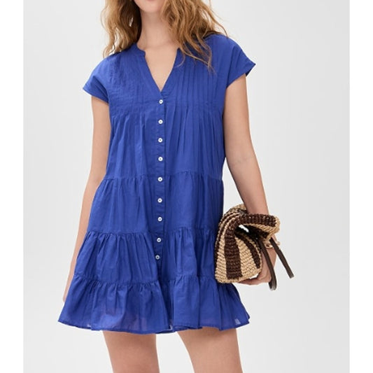 Marea Mackenzie Short Sleeve Button Up Ruffle Hem Mini Dress Ultramarine Blue S