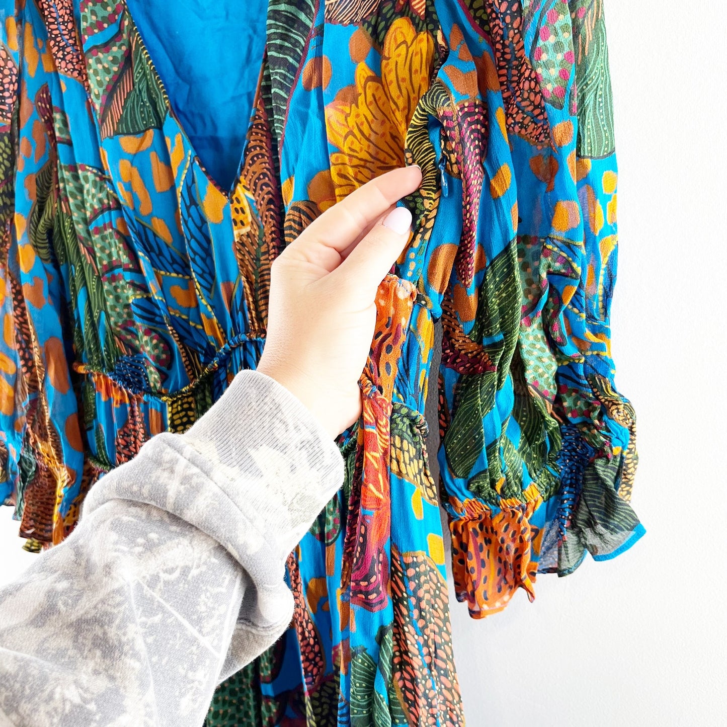 Farm Rio Anthropologie Puff-Sleeve Smocked Tiered Maxi Dress Blue Small