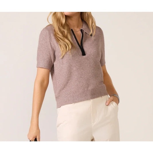 Evereve Celine Short Sleeve Polo Pullover Sweater Caribou Brown Black Medium