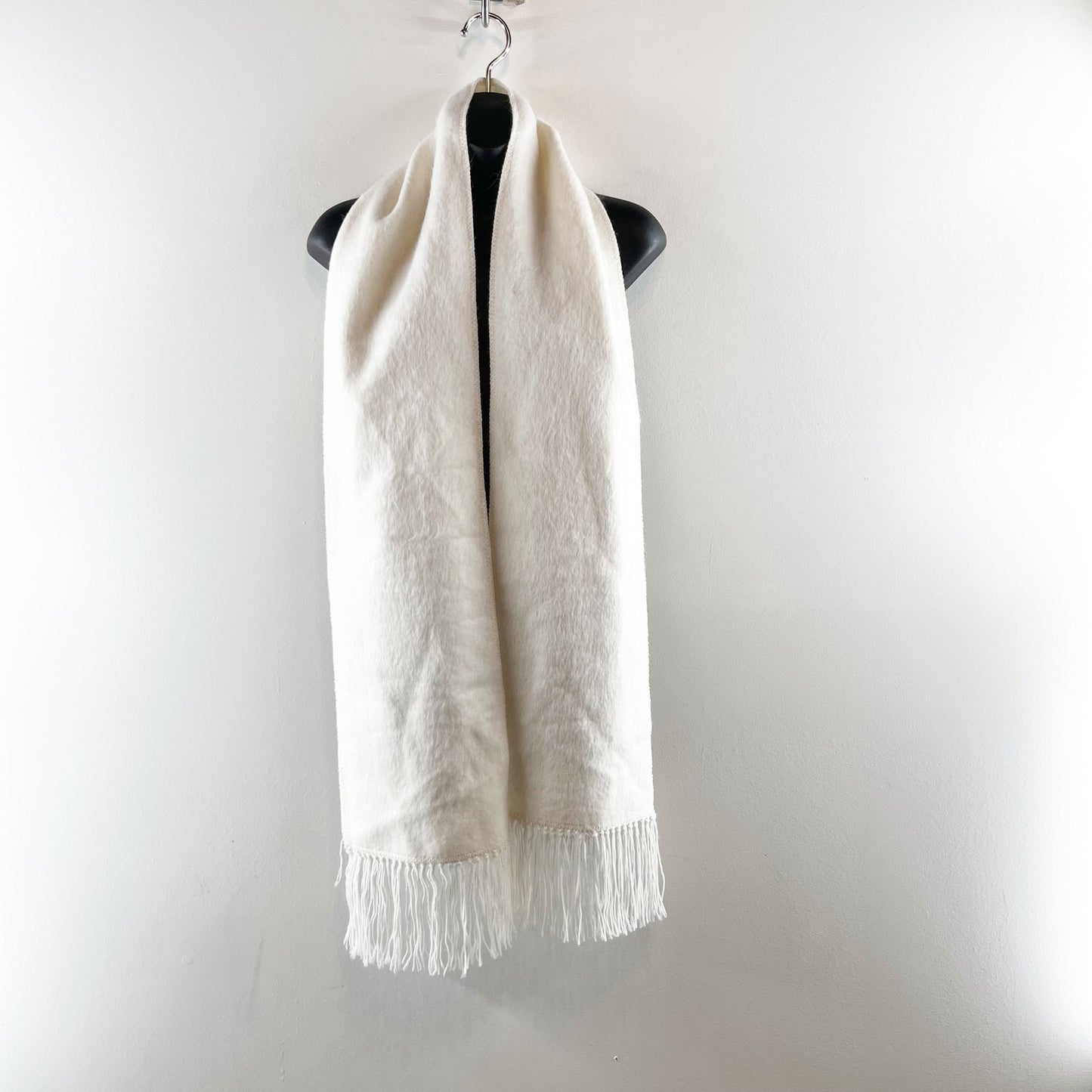 Alpaca Wool Fringe Trim Wrap Scarf Cream White Ivory