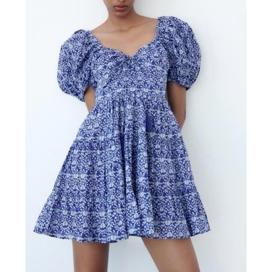 ZARA Printed Short Puff Sleeve Mini Babydoll Dress Blue Small
