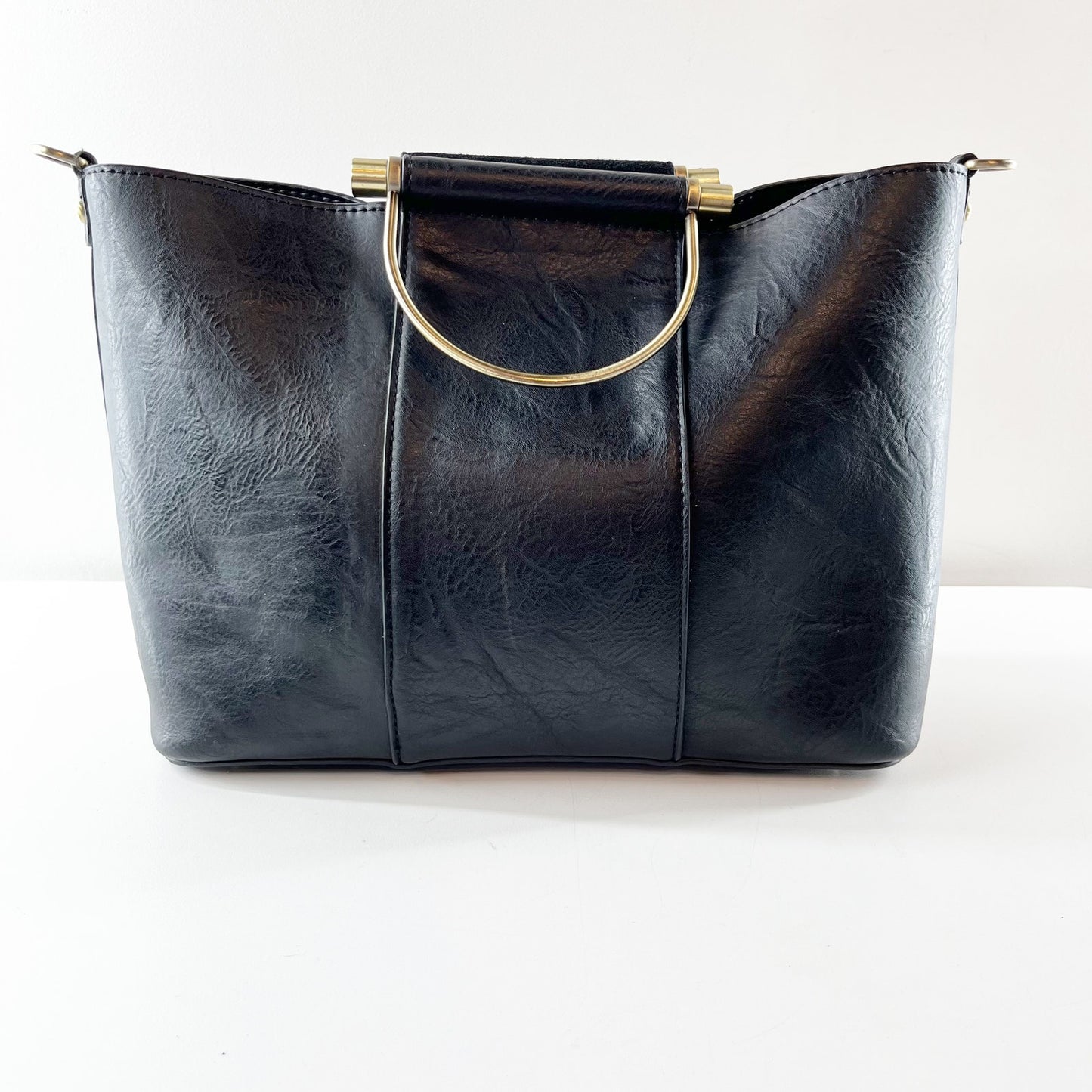 Antik Kraft Two Tone Leather Large Tote Handbag with Crossbody Strap Black