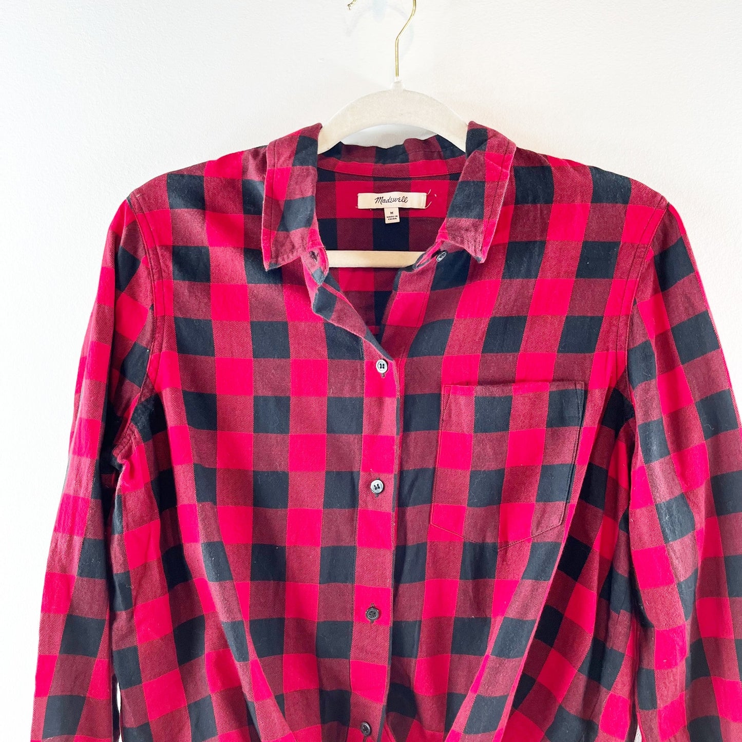 Madewell Buffalo Check Long Sleeve Flannel Tie Front Button-Up Shirt Red/Black M