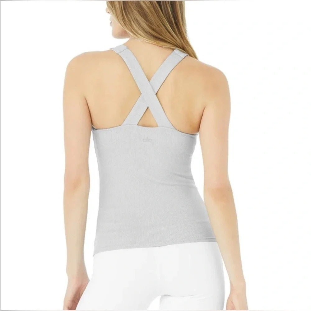 Alo Yoga Elevate Sleeveless V-Neck Cross-Back Tank Top Gray Medium