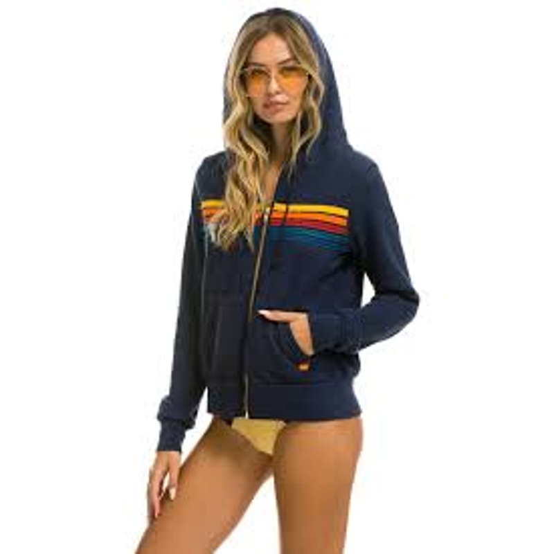 Aviator Nation 5 Stripe Full Zip Hoodie Sweatshirt Navy Blue Small