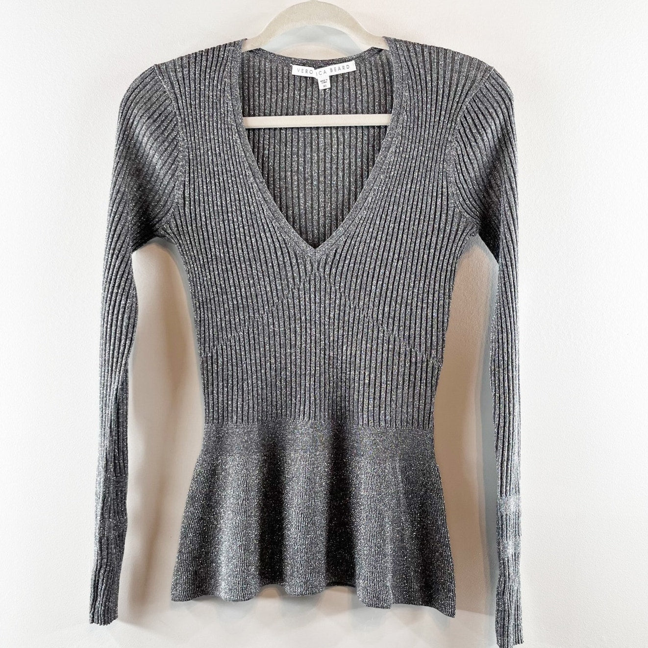 Veronica Beard Esmeralda Metallic V-Neck Ribbed Knit Peplum Sweater Gray XS