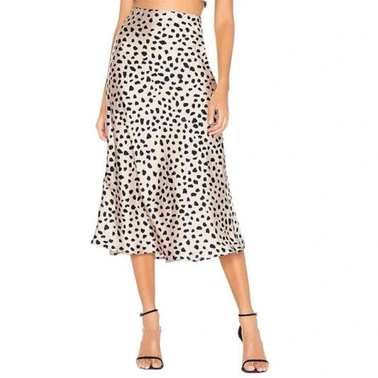 Lovers + Friends Madalena Leopard Cheetah Satin Midi Skirt Tan Black Small