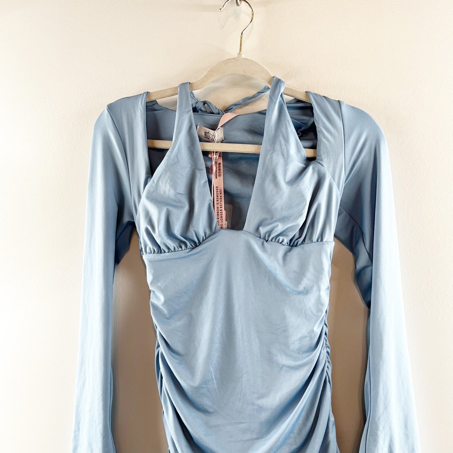 Oh Polly Short and Sweet Halter Cutout Long Bell Sleeve Mini Dress Blue 6