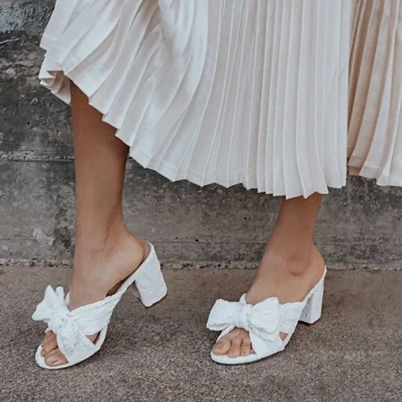 Lulus Dorothea Knotted Bow Peep Toe Block Heel Sandals Shoes Ivory White 8