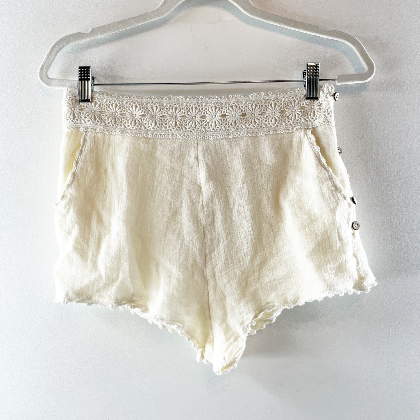 Free People Cotton Crochet Trim Side Button High Waisted Shortie Cream Small