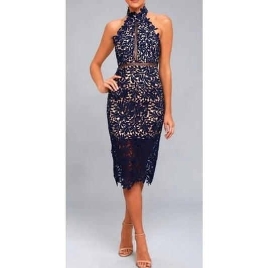Lulus Divine Destiny Halter High Neck Lined Lace Midi Dress Navy Blue Medium