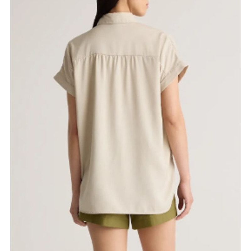 Quince Vintage Wash 100% Tencel Short Sleeve Camp Shirt Shale Tan XL