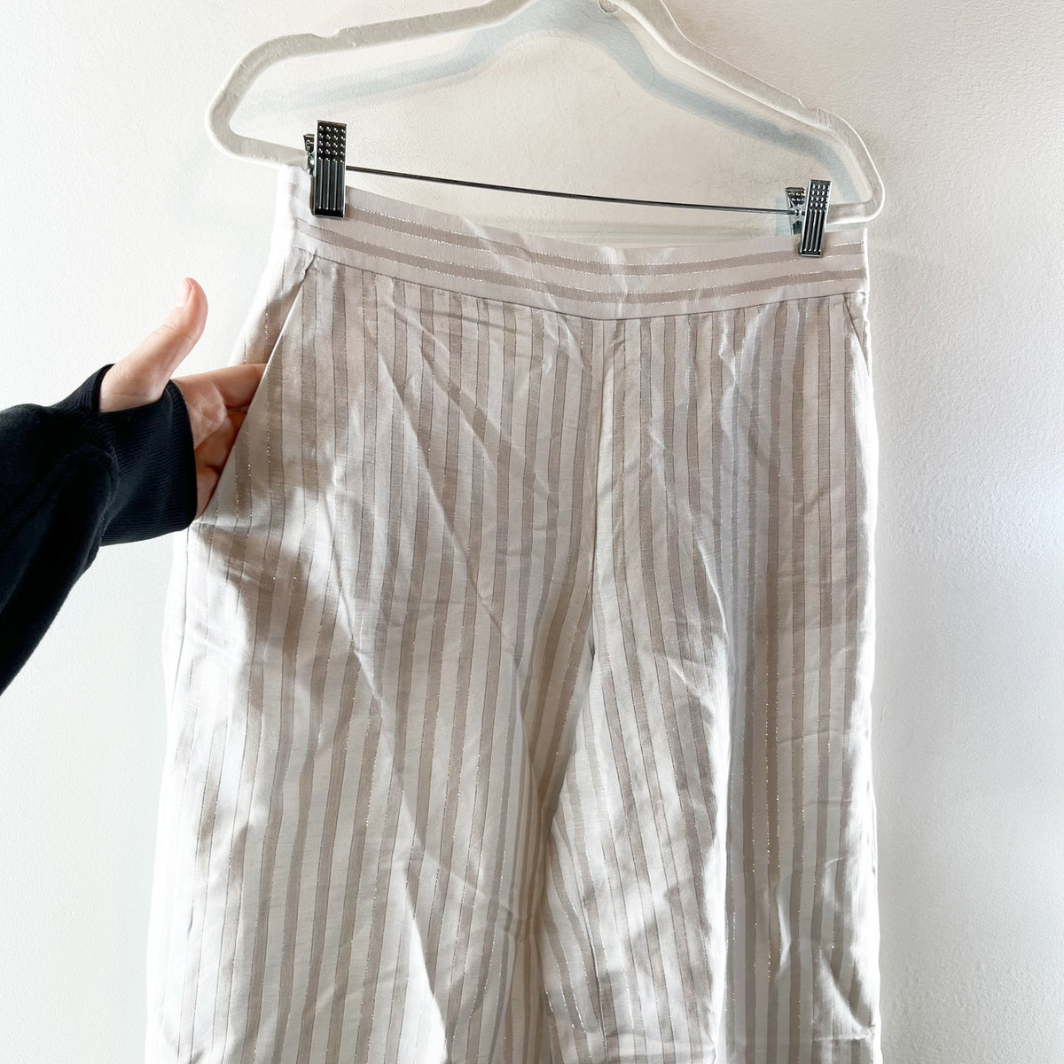 LOFT Linen Blend High Rise Wide Leg Striped Pants Cream Tan Beige Medium