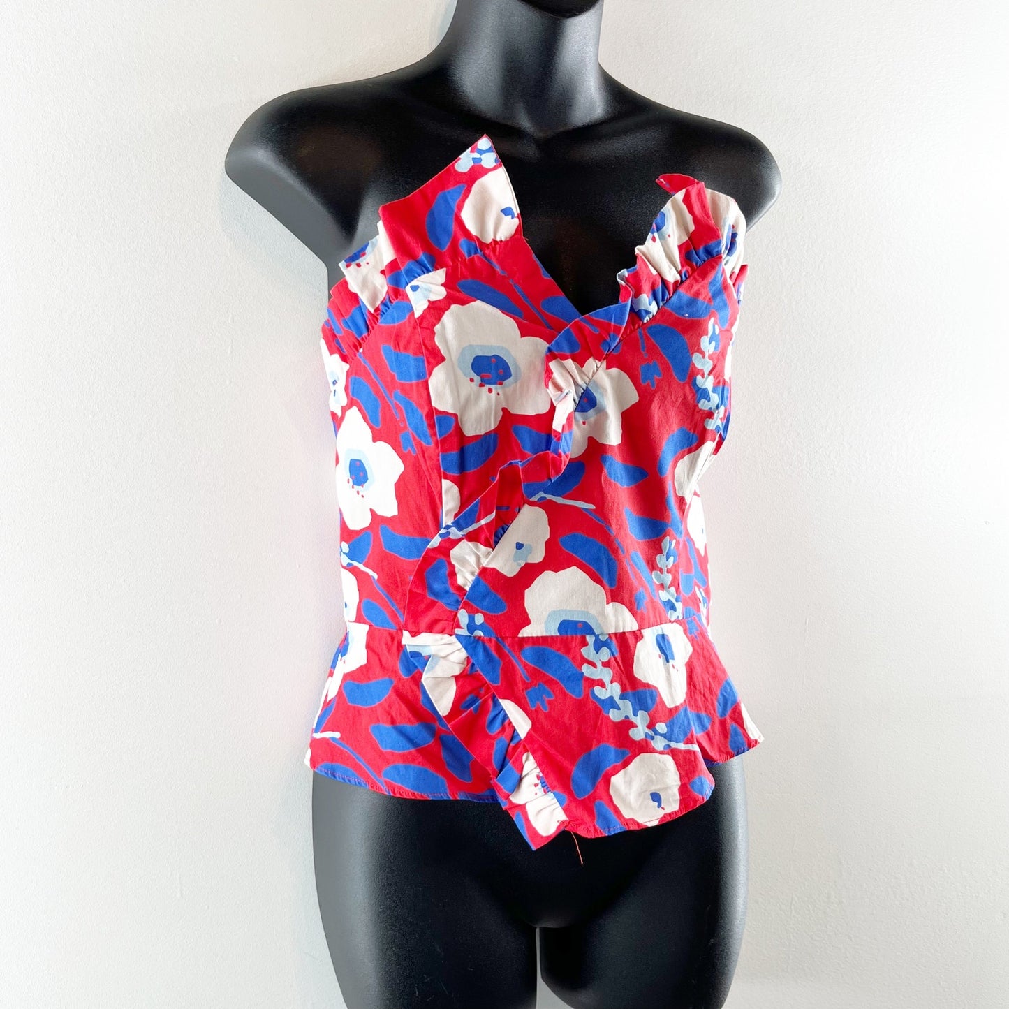 Hutch by Anthropologie Floral Printed Strapless Ruffle Top Red/White/Blue 10