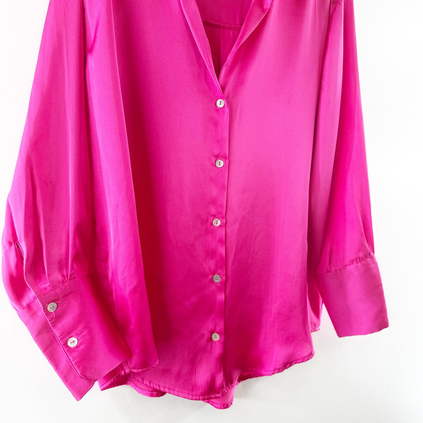 ZARA Satin Effect Long Sleeve Oversized Button Up Shirt Top Pink Small