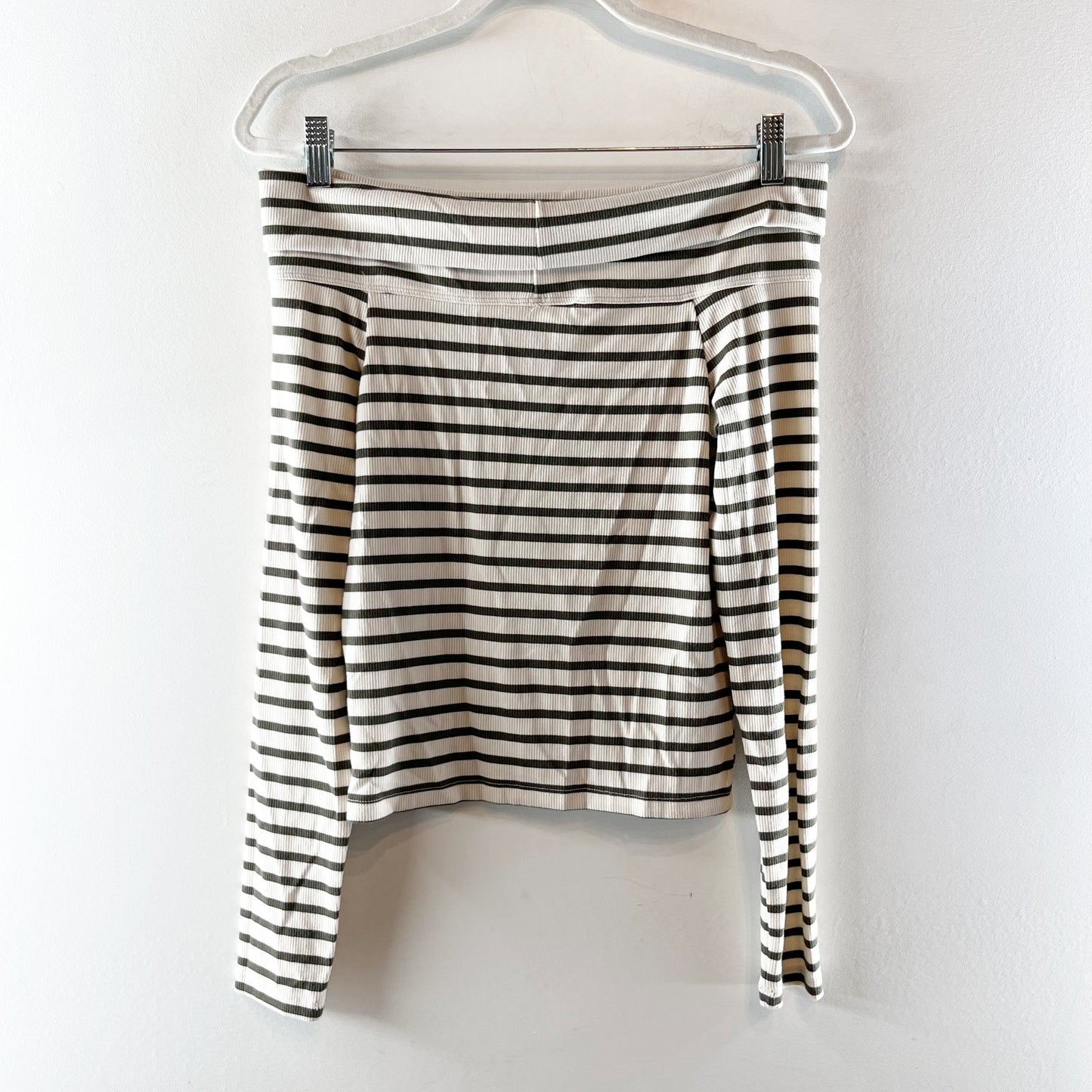 American Eagle Off The Shoulder Long Sleeve Ribbed Striped Top Cream Green M