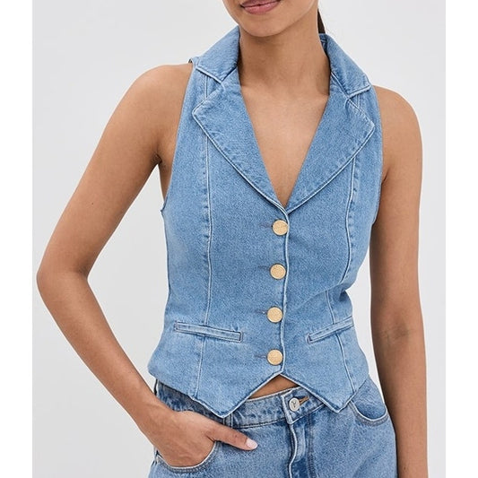 Reformation Jeans Nova Cotton Blend Collared Button-Front Denim Vest Leven 2