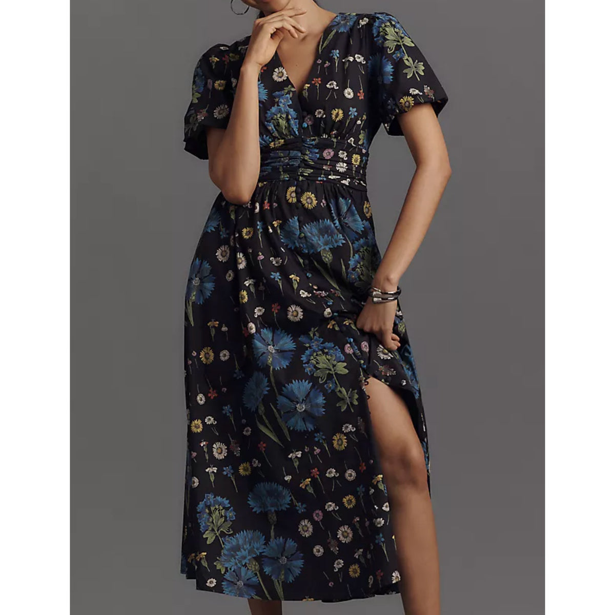 Anthropologie The Katerina Button Front Floral Short Sleeve Midi Dress Blue S