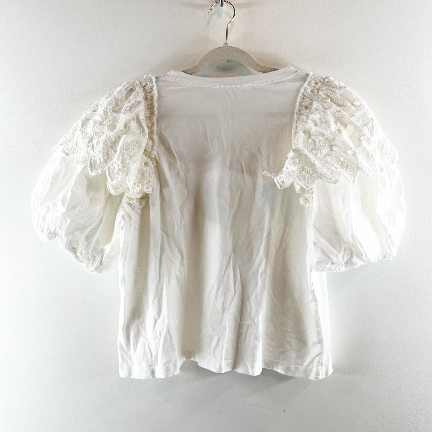 Sea New York Hazel Eyelet Short Puff Sleeve Tee Shirt Top White Large