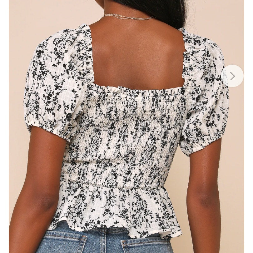Lulus Sweetest Direction Floral Puff Sleeve Top Ivory Black Large