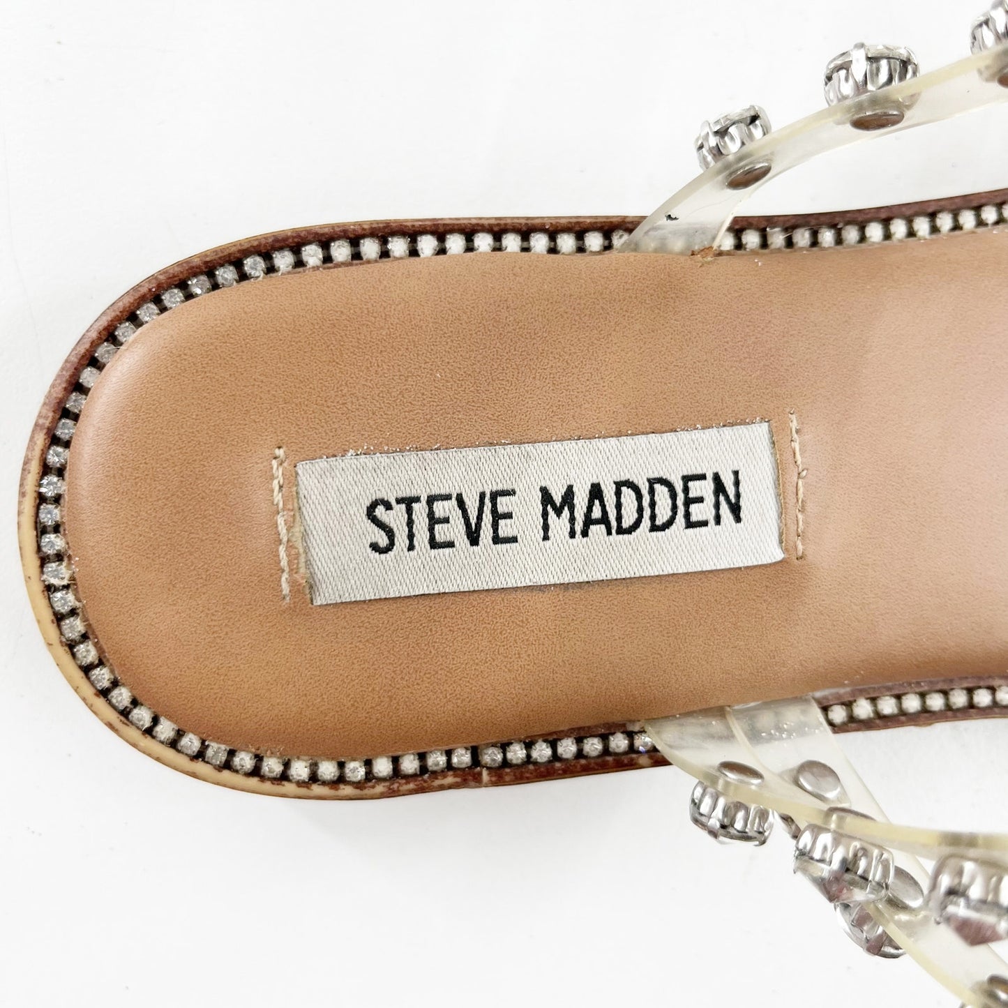 Steve Madden Skyler Embellished Rhinestone Strappy Studded Flat Sandal Clear 8.5