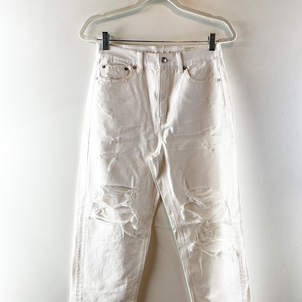 American Eagle Highest Rise Distressed Baggy Straight Leg Jeans White 2