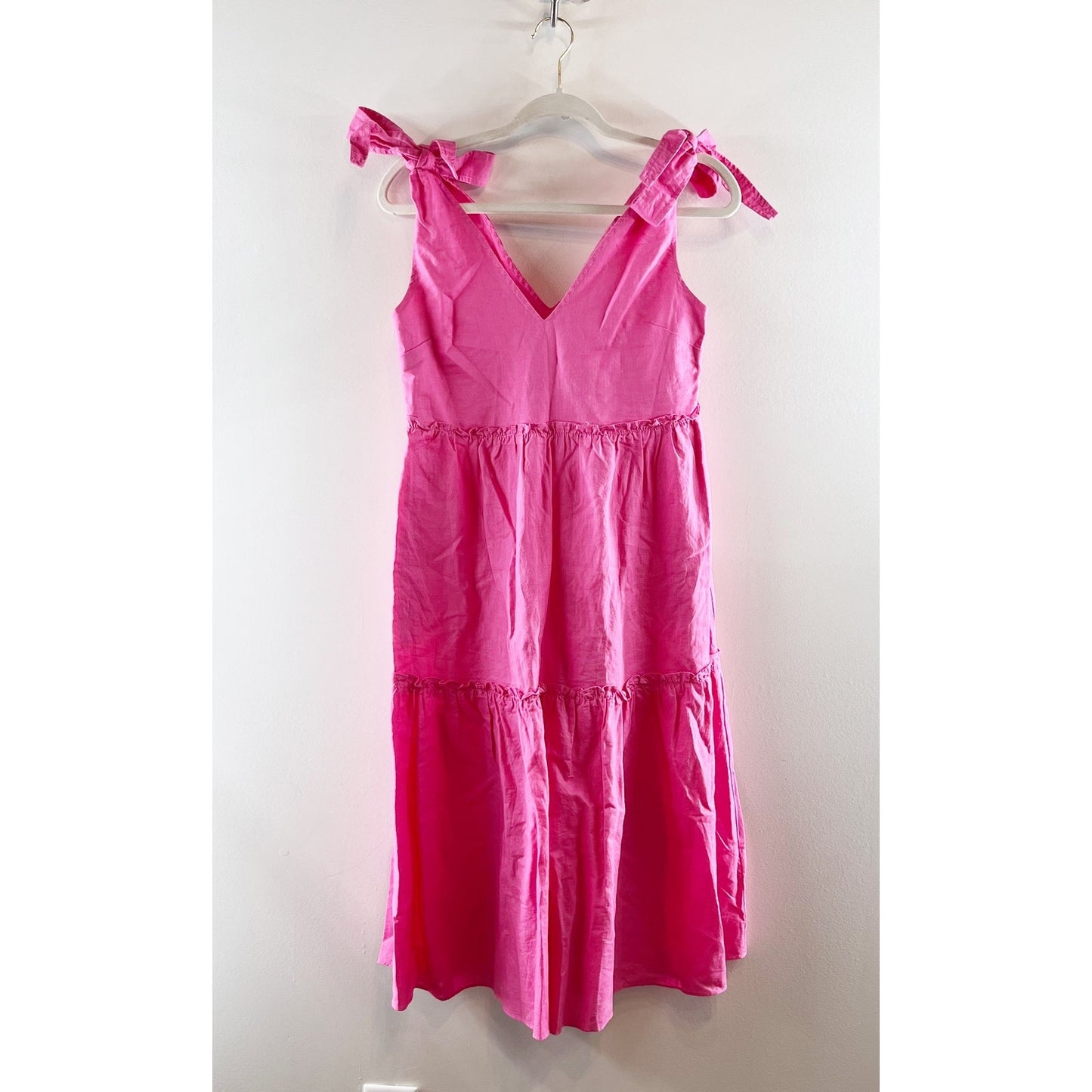 Petal + Pup Erenda Linen Blend Tie-Shoulder Tiered Midi Dress Hot Pink 2