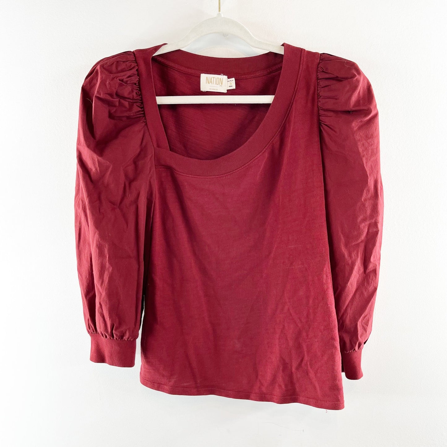 Nation LTD Asymmetrical Notch Neckline 3/4 Puff Sleeve Top Shirt Red Maroon S