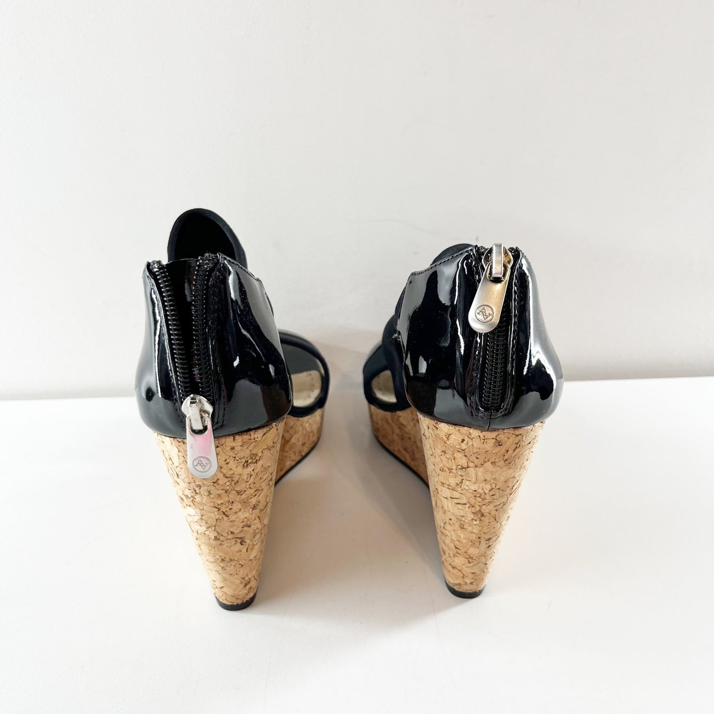 Adrienne Vittadini Chelle Patent Cork Wedge Heel Sandals Black 8